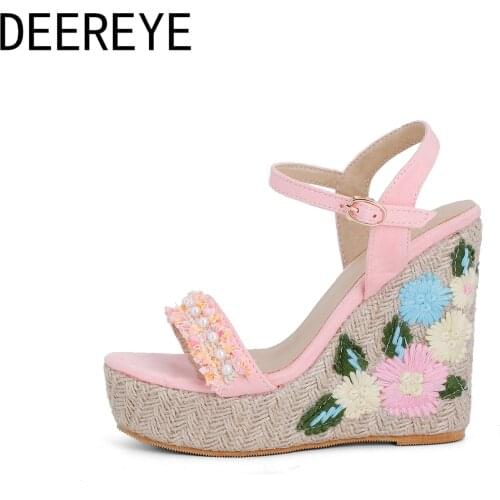 Size 34-46 Ldaies Open Toe Ankle Buckle Strap Pearl 12.5cm Women Casual High Heel Wedges Sandals With Platforms Espadrille Shoes