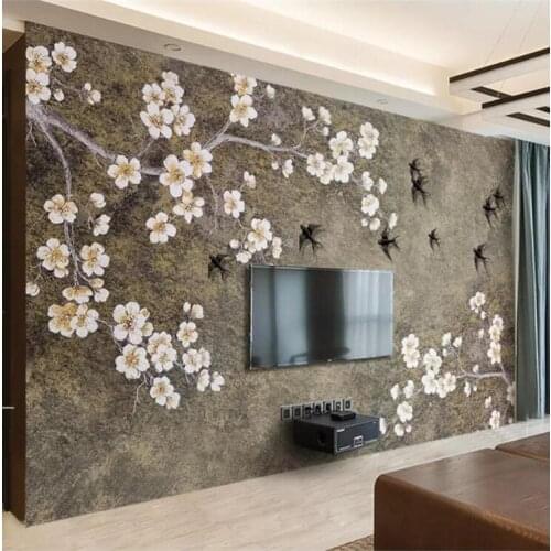 Custom Photo Wallpaper Roll 3d Chinese Style Retro New Chinese Plum Swallow TV Background Wall Papers for Living Room Mural 3d