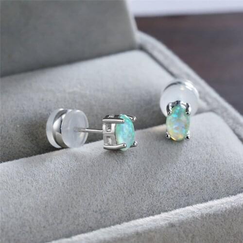 Green Fire Opal Stud Earrings Dainty Oval Small Stone Earrings For Women Wedding Jewelry Vintage Fashion Silver Color Earrings