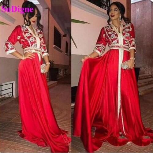 SoDigne Moroccan Caftan Evening Dresses V Neck Crystal Algeria Arabic Muslim Special Occasion Dresses Party Gowns