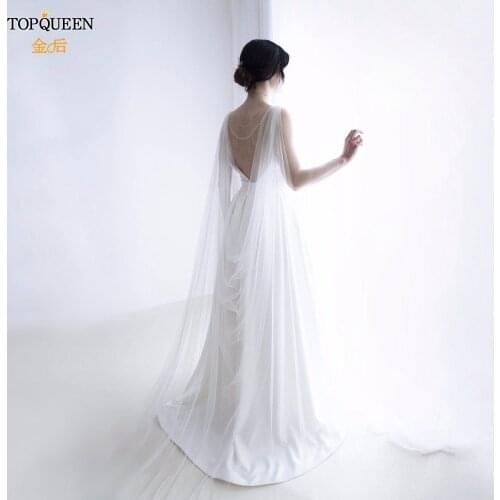 TOPQUEEN G33 Sexy Reverse Decoration Cloak Pearls Chain Bridal Shawl for Reverse Wedding Dress Shawl Long Cape Veil Bridal Cloak