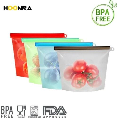 HOONRA 4Pcs Reusable Seal Silicone Food Fresh Bag Ziplock Food Storage Bag Vacuum Sealing Bag Refrigerator Container Tools
