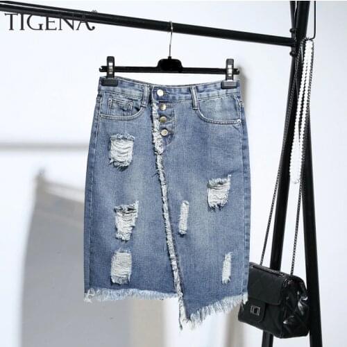 TIGENA Plus Size Fashion Midi Denim Skirt Women 2021 Summer Light Blue Hole Ripped Jeans Skirt Female Button Tassel School Skirt