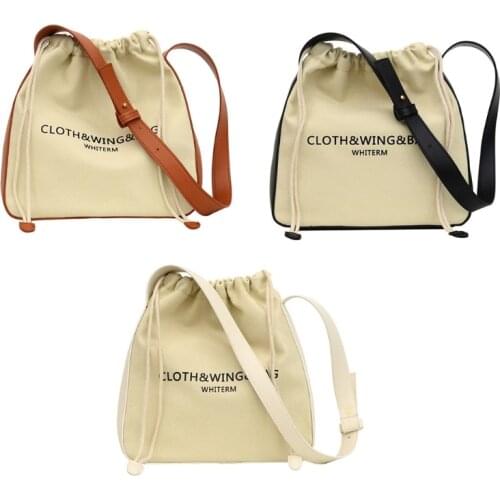 Women Casual Canvas Shoulder Bag with Faux Leather Strap Crossbody Tote Purse Letters Print Drawstring Handbag Pouch F19B