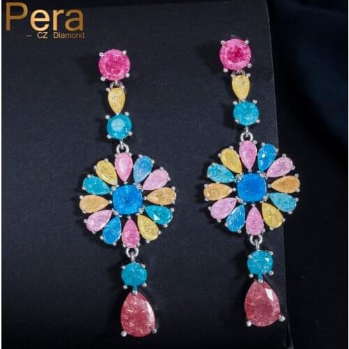 Pera Unique Style Silver Color Big Multicolor CZ Crystal Stone Long Hanging Dangle Party Earrings For Ladies Wife Gift E357