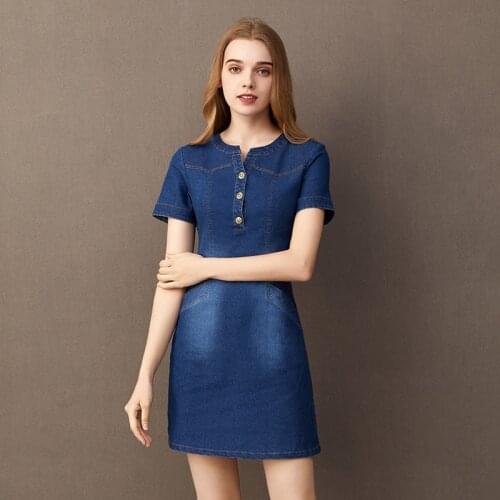 Womens Dress Summer 2020 Loose Embroidery Jeans Dresses V-Neck Casual Button Shirt Midi Denim Dress Women Cowboy BOoDinerinle