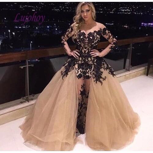 Champagne Long Sleeve Lace Evening Dresses Party Plus Size Ball Gown Women Ladies Elegant Prom Formal Evening Gowns Dresses 2019