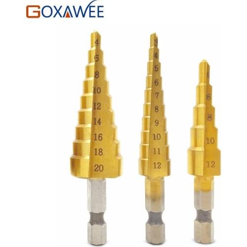 3pcs Hss Step Cone Taper Drill Bits 3-12mm 4-12mm 4-20mm Power Tools 1/4" Hex Shank Quick Release Titanium Cone core Drill Bits
