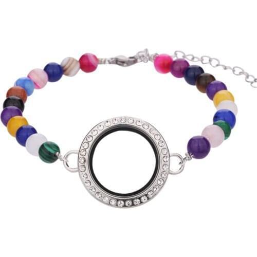 3pcs/lot Colorful round Natural stone handmade Bracelet Glass crystal Floating charms 25mm locket bracelet with Extension chain