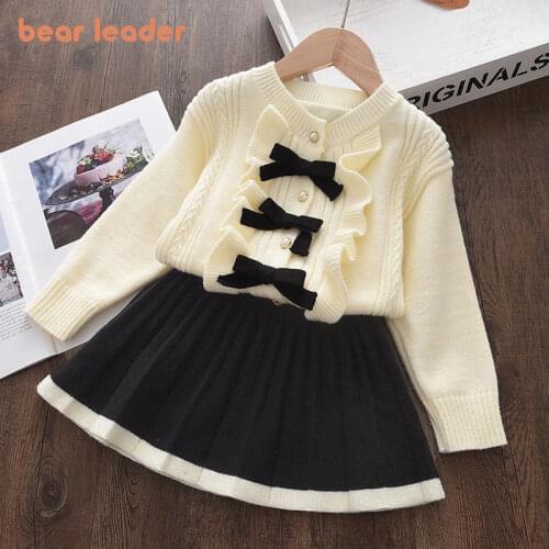 Bear Leader Girls Baby Winter Knitted Clothes Sets Fashion Kids Elegant Plaid Sweaters Tops And Skirt Outfits Princess Knitwear