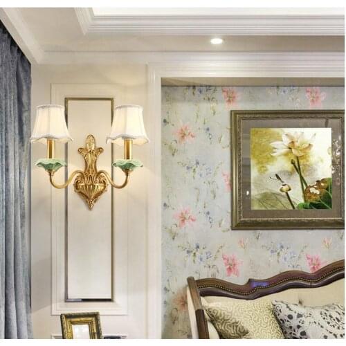 Free Shipping Luxury European 100% Copper Material Wall Lamp Brass Wall Sconce With Fabric Shade Modern Brass wall lamp Lustre