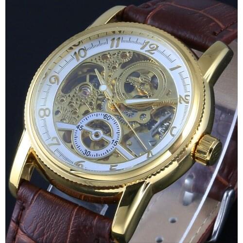Top brand WINNER Watches Classic Mens AUTO automatic Mechanical Watch Self-Winding Analog Skeleton Brown Leather Man Wristwatch