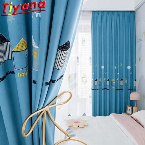 Kids Cute Cartoon House/Clouds Printed Curtains for Living Room Blue Blackout Window Drapes for Children Room #VT