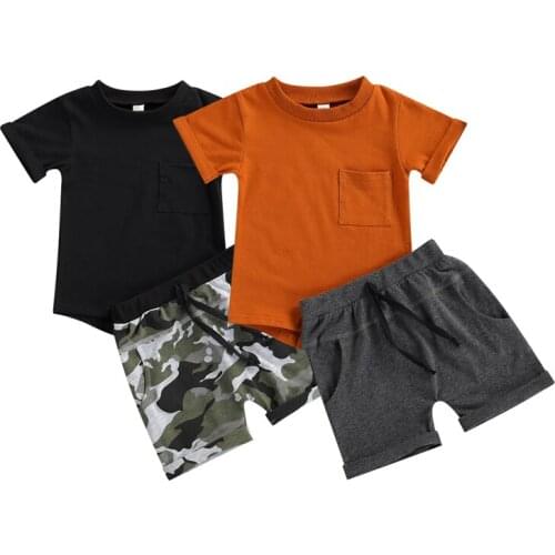 2Pcs Baby Boys Clothes Outfit Toddlers Round Collar Short Sleeve Pocket T shirt Camouflage Printing/Solid Color Shorts Set