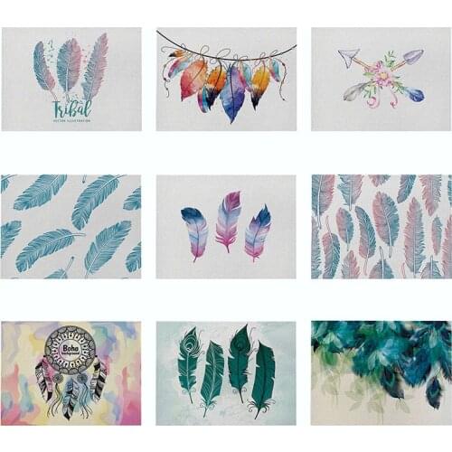 Ethnic Style Kitchen Placemat Feather Print Pattern Cotton Linen Waterproof Table Mats 42X32 Nordic Western Placemat Coasters