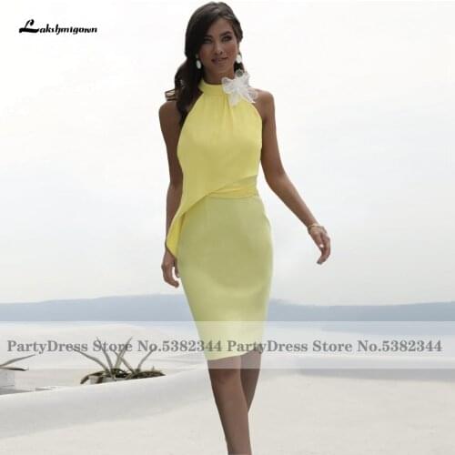 Lakshmigown Yellow Dress for Mother Of The Bride Wedding 2020 Vestiti Da Sera Sheath High Neck Sexy Women Cocktail Party Dress