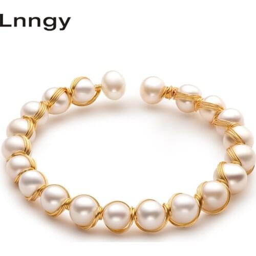 Lnngy 14K Gold Filled Bracelet 6.5-8.5mm Natural Cultured Freshwater Pearl Fashion Twisted Bracelet Bangle Women Jewelry Gifts
