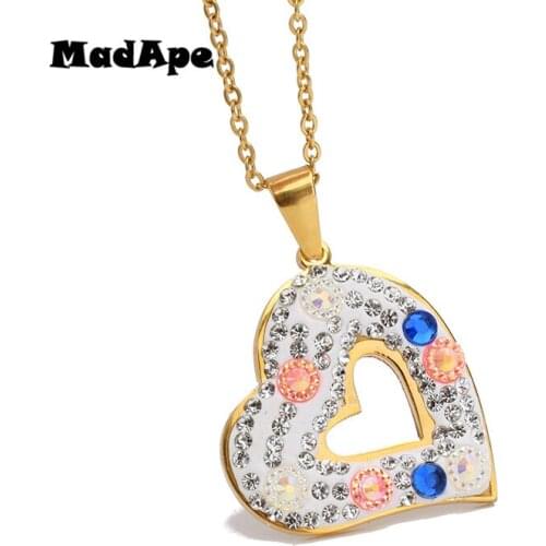 MadApe Cute Heart Pendants Necklace Titanium Stainless Steel With Zircon Gold Color Hollow Heart Necklace For Women Jewelry Gift