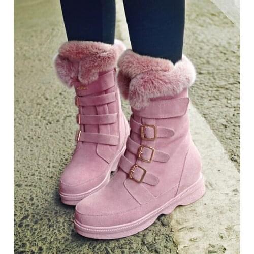 Fashion winter women fur boots leather belt buckle rabbit fur high top ankle boots woman fashion winter fur snow boots