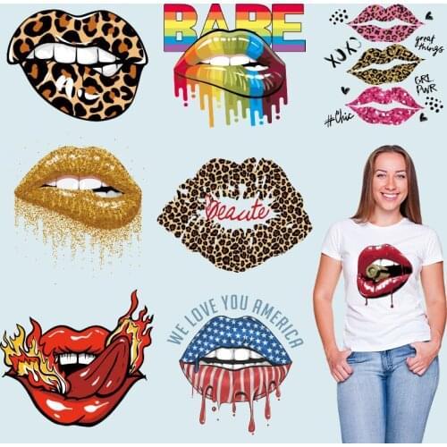 Leopard Print Lips Patches For Clothes Heat Transfer Thermal Stickers DIY Washable T-Shirts Iron On Transfer Girls Lips Patches