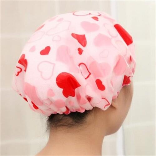 New Cute heart Print Elastic Shower Cap Thick Women Waterproof Shower Cap For Ladies Girl Hat Hair Bath Spa Shower Caps