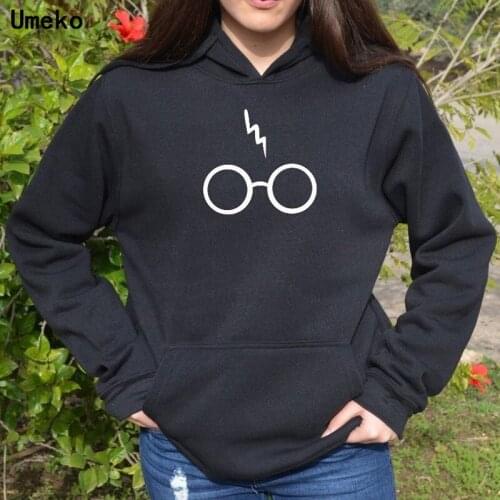 Umeko 2020 New Letter Printed Hooded Sweatshirt Women Glasses Lightning Pattern Printed Sweatshirt Loose Casual Big Pocket Top