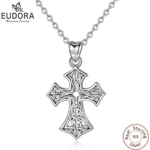 EUDORA 100% 925 Sterling Silver Celtic knot Cross Pendant Necklace Luck Charm Fine Jewelry Girl Boy Birthday Surprise Gift D281