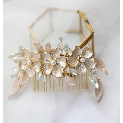 SLBRIDAL Handmade Opal Crystal Pearl Alloy Flower Bridal Hair Comb Hair Clip Hair Pin Set Wedding Hair Accessories Women Jewelry