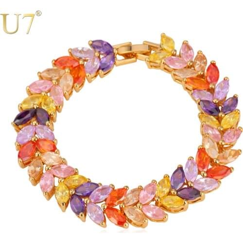 U7 Luxury AAA Zircon Bracelet Gold Color Colorful Cubic Zirconia Jewellery Wholesale Chain Tennis Bracelet Women H603