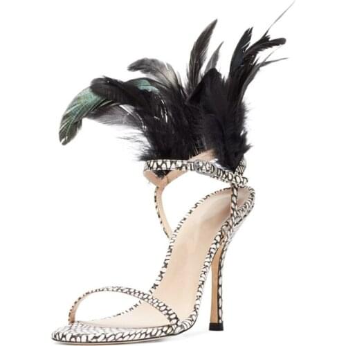 Feather Sandals Ankle Buckle Stiletto High Heels One Strap Sandals Concise Open Toe Shoes Summers Party Fashion Footwear