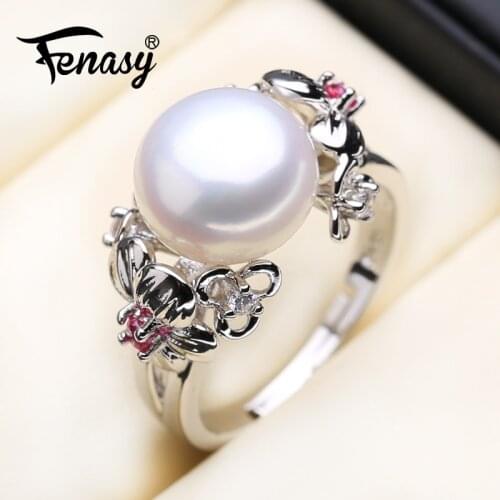 FENASY Adjustable Natural Freshwater Wedding Rings For Women Pearl Boho Jewelry 925 Sterling Silver Female Ring Women