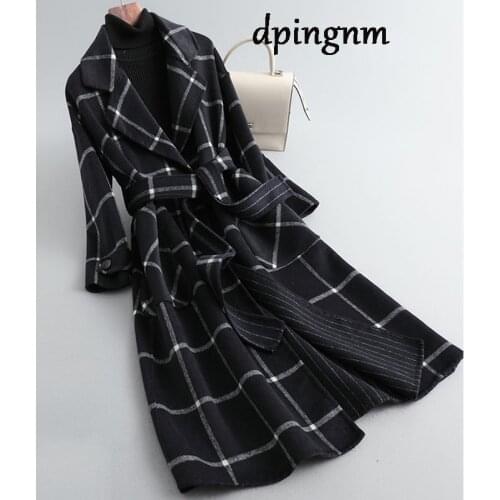 New Womens Wool Blends Coat Winter 2020 Autumn Fashion Elegant Plaid Slim Long Tweed Woolen Outerwear Female Plus size