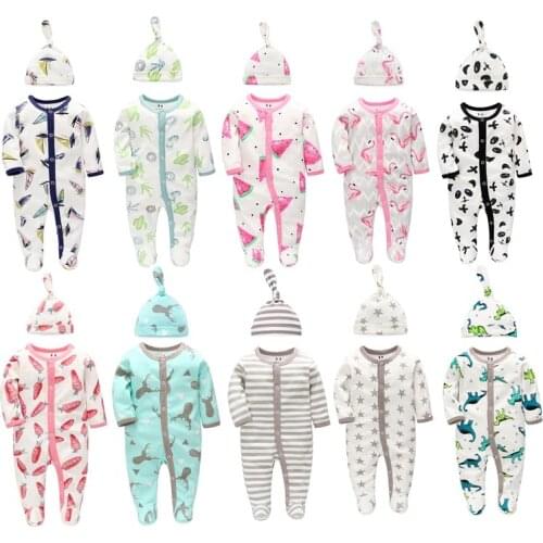 1 Set Newborn Baby Clothes Rompers Infant Overalls Bodysuit Baby Boy Girl Cotton Clothing Roupas Costume Pajamas Sleepwear +Hat