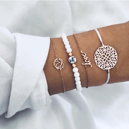 4 Pcs/Set Bohemian Fashion Vintage White Bead Gem LOVE Letter Lotus Gold Bracelet Set Women Charm Jewelry Christmas Gift