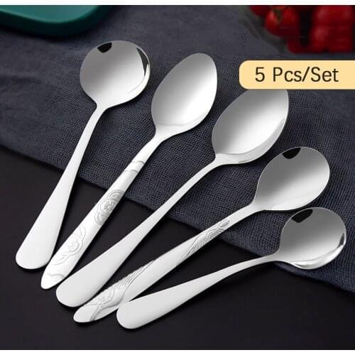 5pcs/set Stainless Steel Spoon Household Stainless Steel Round Head Male Spoon Children Meal Spoon Dessert Soup Spoon Tableware