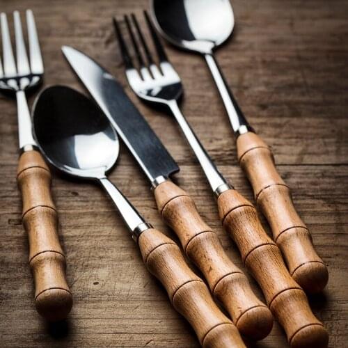 7pcs Silverware Set Stainless Steel Tableware Wood Handle Dinnerware Spoon Fork Knife Kitchen Food Shooting Photography Props