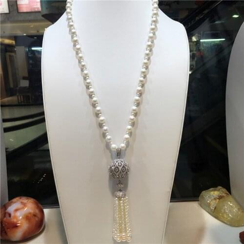 75cm white freshwater pearl full micro inlay zircon big ball long tassel sweater chain necklace fashion jewelry