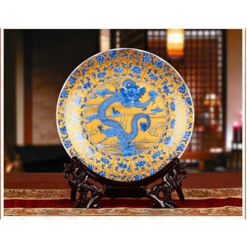 Fengshui RoyalArt cerámica Ornamental PlateDragons Placa de decoración placa de madera base de pollo plato de porcelana Set de r