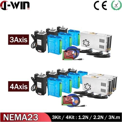 3/4 Kit 3N 2.2N 1.2N Closed Loop System：NEMA23 Stepper Motor with Hybrid Servo Driver & Power Supply+MACH3 Interface Board Cable