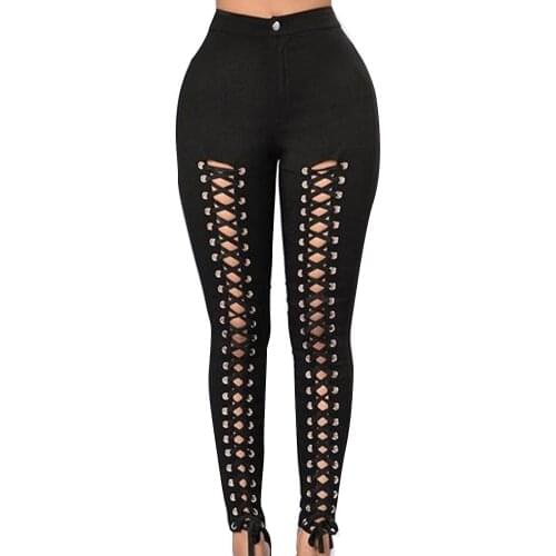 Fashion Women High Waist Pencil Leggings Stretchy Bandage Hollowed out Pants