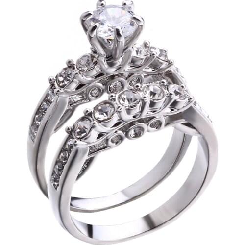 Trendy Luxury Silver Color Wedding Ring Set for Bridal Girls and Women Ladys Love Couple Pair Jewelry Gift