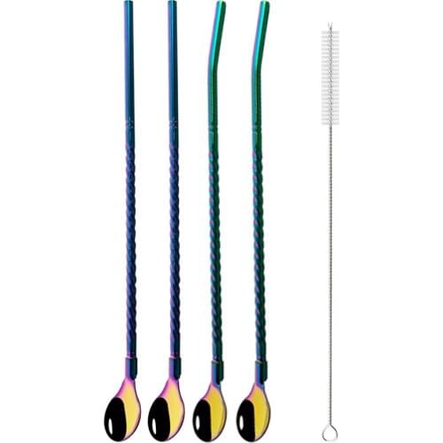 Rainbow Reusable Metal Straw Spoon Set with Cleaner Brush 304 Stainless Steel Drinking Straw Milk Drinkware Bar Party Accessory