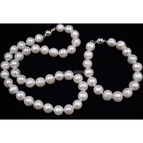 1 SETS 10.5-11mm natural white genuine fresh water cultured pearl necklace / bracelet