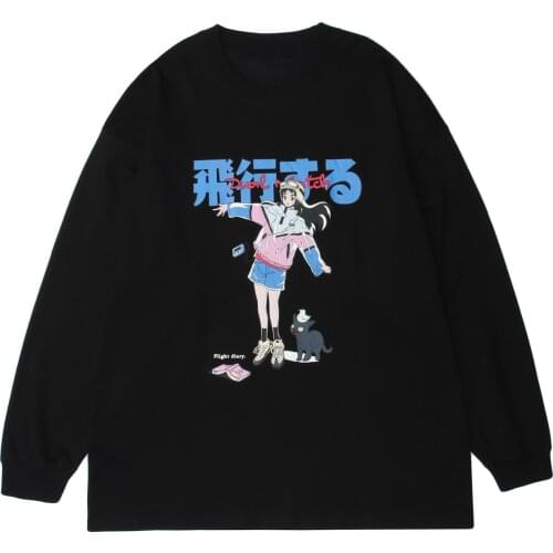 LACIBLE Men Hip Hip Sweatshirt Pullover Streetwear Cartoon Pilot Girl Cat Japanese Kanji Graphic Casual Harajuku Cotton Hoodies