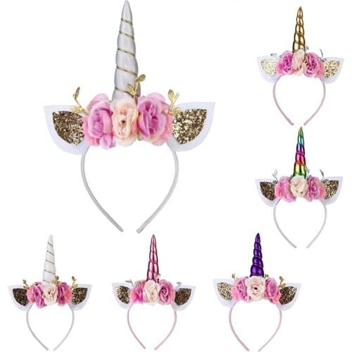 Cute Cartoon Unicorn Flower Sparkle Ears Hairbands For Girls Party Headband Children Hair Prop Kids Hair Accesso