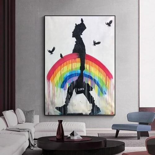 Rainbow Rain Man Birds Hat Art Canvas Painting Street Graffiti Banksy Style Modern Wall Art Picture for Living Room Home Decor