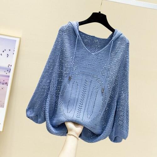 Early spring hooded top with hollow out medium sleeve womens thin knitted shirt loose new fashion smock in spring 2021
