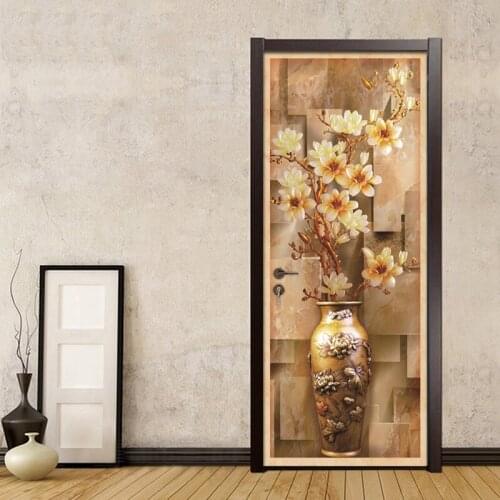 Nordic Waterproof Self-Adhesive Door Stickers 3D Embossed Vase Study Bedroom Door Stickers Wall Decoration Mural Wallpaper Decor