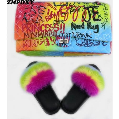 Ladies Flat Fur Slides Fashion Fluffy Real Fox Fur Slippers With Matching Purse Large Size Women Quality Travel Shoulder Bag