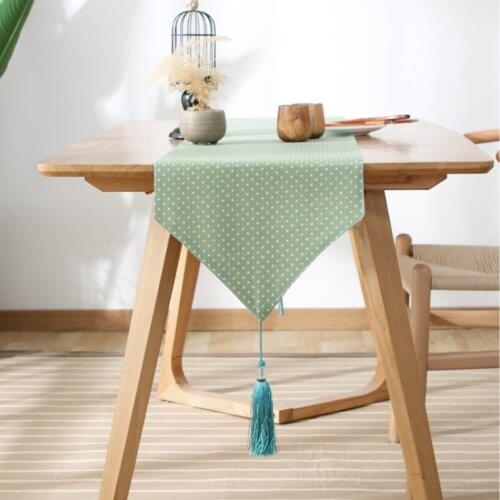 Modern And Simple Literary Green Cotton And Linen Table Runner Household Solid Color Polka Dot Tassel Side Table Table Runner